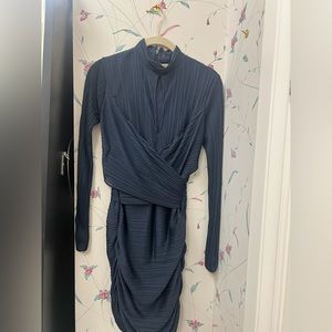 Dark blue Halston long sleeve mini dress with wrap details